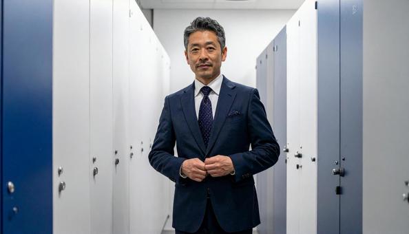 ロッカーとスーツのサラリーマンの写真