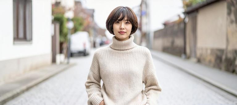 白いセーターを着た女性、散歩の写真