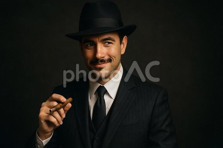 マフィア風スーツの男と葉巻・ギャング マフィア,葉巻,スーツの男の写真素材