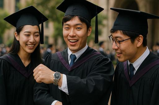 卒業式で笑顔の学生たちの写真