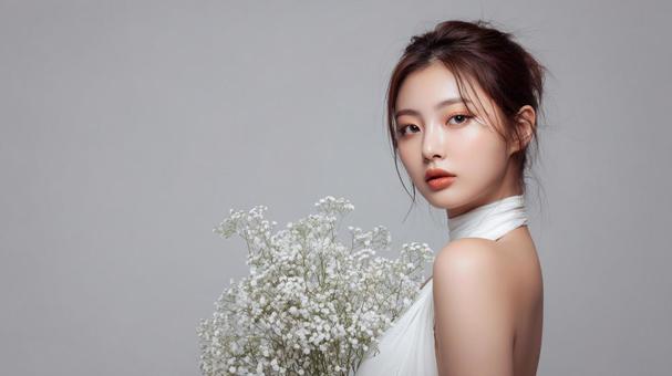 白い花と韓国風美女 白い花と韓国風美女の写真