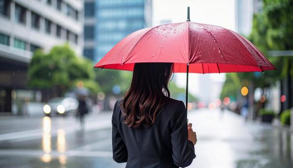 Back view of a woman commuting to work with a red umbrella, rain, umbrella, umbrella, JPG