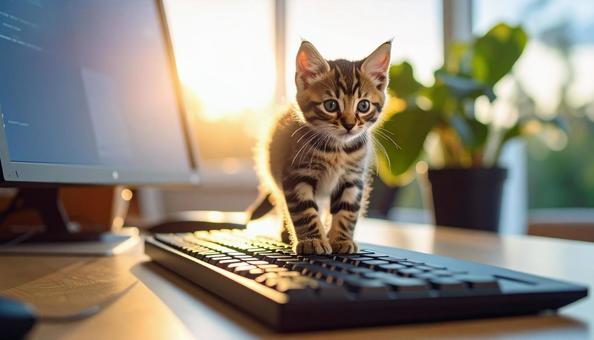 デスクトップPCのキーボードを踏む子猫 デスクトップPCのキーボードを踏む子猫の写真