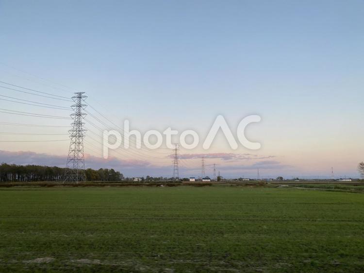 夕暮れと鉄塔と畑 夕暮れ,鉄塔,電線の写真素材