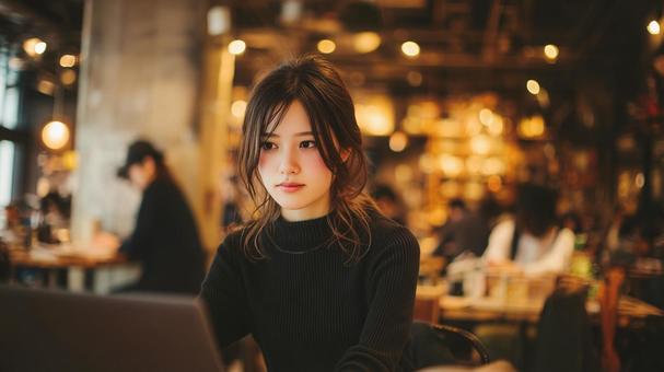 カフェでノートパソコンを使用する女性の写真