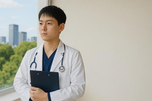 窓辺に佇む若い医師 窓辺に佇む若い医師の写真