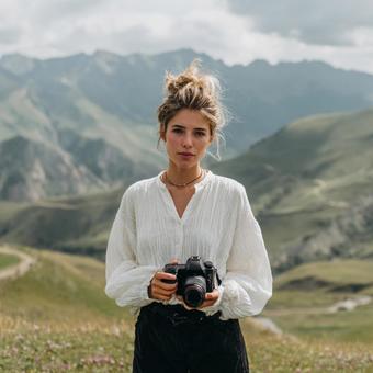 雄大な自然の中でカメラを持つ女性 雄大な自然の中でカメラを持つ女性の写真