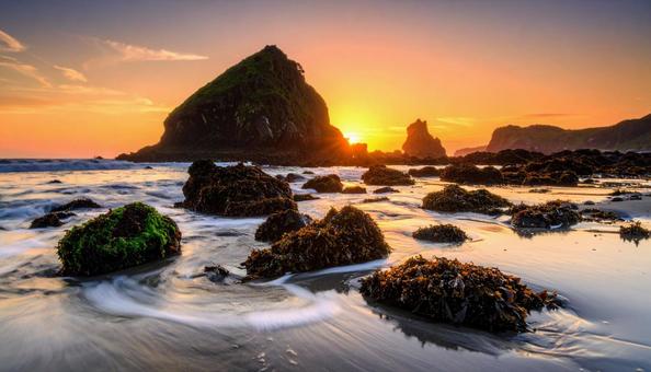 岩場の海辺に沈む太陽の写真