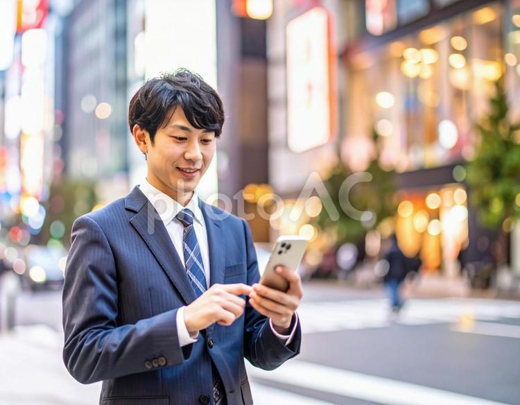 オフィス街でスマホを操作する男性社員 スマホ,ビジネス,操作の写真素材