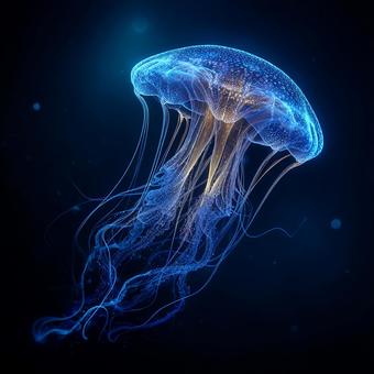暗闇に浮かぶ光る青いクラゲ 暗闇に浮かぶ光る青いクラゲの写真