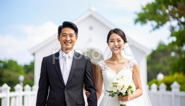 新郎新婦が教会をバックに並んで歩く 新郎新婦,結婚式,ウェディングの写真素材