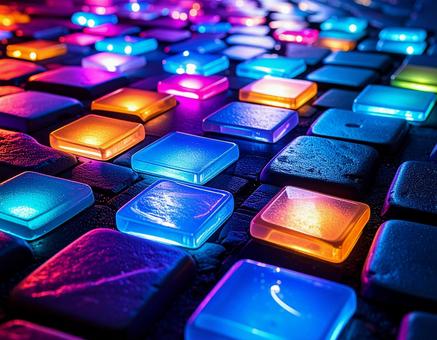 Cobblestones at night illuminated with light and fluorescent colors, cobblestone, tile, light, JPG