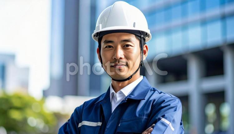 高層ビル前で腕組みする作業服の男性 人物,作業服,男性の写真素材