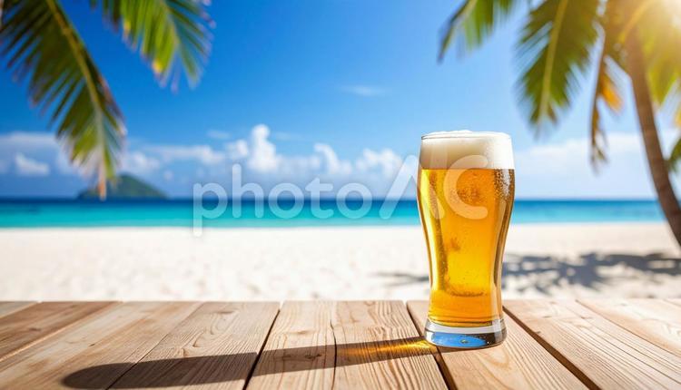 南国の海辺の背景　ビールジョッキ ビール,泡,ジョッキの写真素材