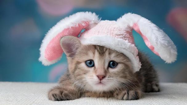 うさぎの被り物を装着している猫 うさぎの被り物を装着している猫の写真