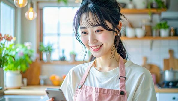 スマホでポイ活する笑顔の女性 スマホでポイ活する笑顔の女性の写真