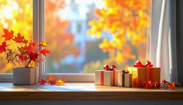 かわいいプレゼントボックスと秋の紅葉 かわいいプレゼントボックスと秋の紅葉の写真