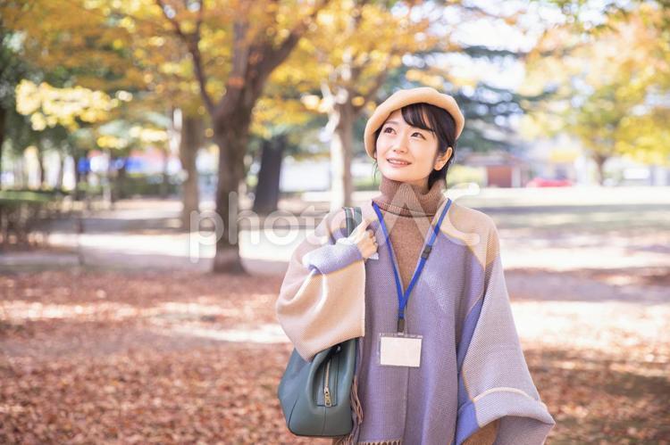 秋の公園にいるネームをつけた女性 女性,秋,公園の写真素材