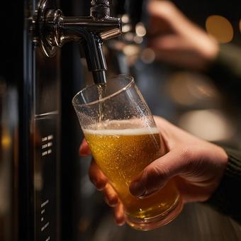 泡立つビールと熟練のバーテンダーの手元 泡立つビールと熟練のバーテンダーの手元の写真