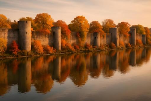 秋色映す古城壁の写真