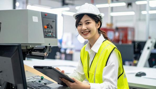 工場の三次元測定機を使う作業服の女性 工場の三次元測定機を使う作業服の女性の写真