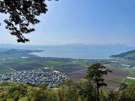 近江八幡山からの琵琶湖と田園風景 琵琶湖,滋賀,近江八幡の写真素材