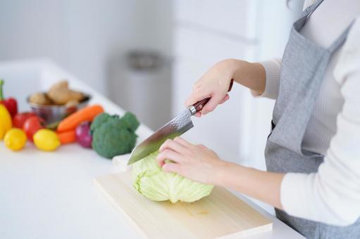 カラフルな野菜とキャベツを包丁で切る手元 カラフルな野菜とキャベツを包丁で切る手元の写真