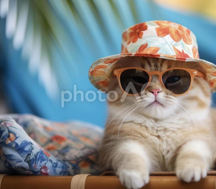 帽子とサングラスを身に付けた猫　記念撮影 猫,帽子,サングラスの写真素材