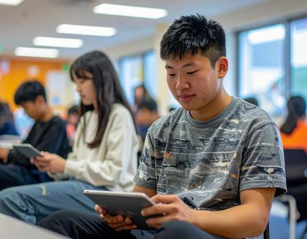 Diverse Japanese students studying on tablets, japanese, student, inclusive, JPG
