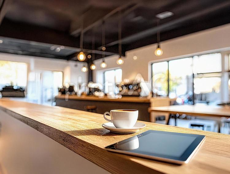 カウンターの上にコーヒーとタブレット カフェ,店内,テーブルの写真素材