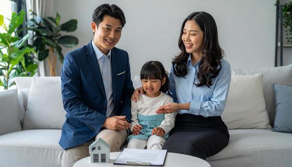 保険の案内を受ける家族の写真