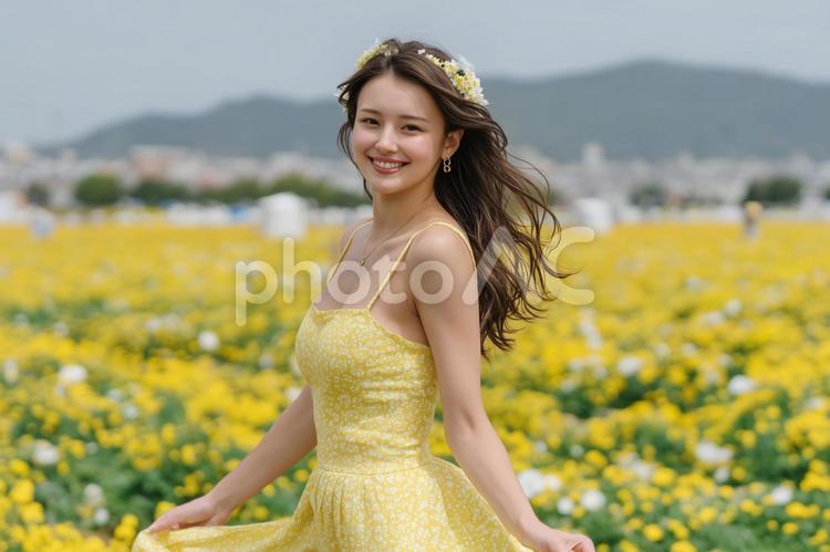 ひまわり畑で花冠をつけた笑顔の女性 女性,20代,ai美女の写真素材