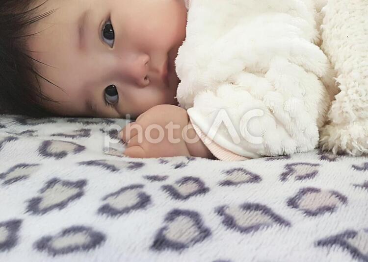 うつ伏せでこちらを見る寝そうな赤ちゃん 赤ちゃん,子供,女の子の写真素材