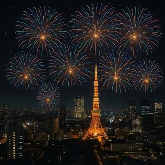 東京の夜景と花火の写真