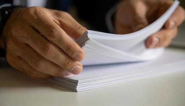 重なった白いコピー用紙をめくる手の写真