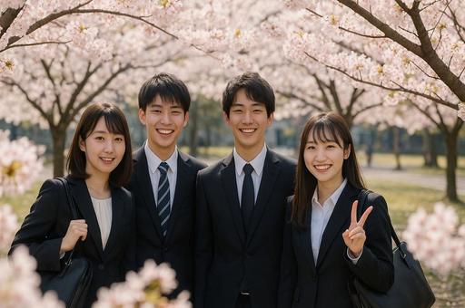 桜の下の新入社員集合写真 桜の下の新入社員集合写真の写真