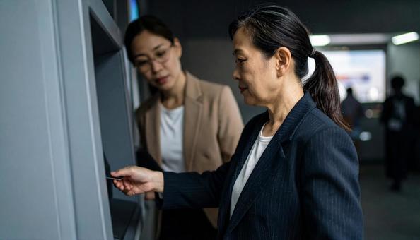 ATMでお金を引き出す老女と心配顔銀行員 ATMでお金を引き出す老女と心配顔銀行員の写真