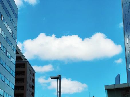 ビルの谷間と青空　白い雲 ビルの谷間,青空,空の写真素材
