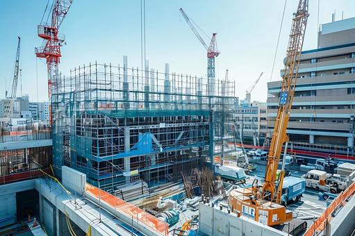 工場跡地に建設中の複合施設とクレーン車 工場跡地に建設中の複合施設とクレーン車の写真