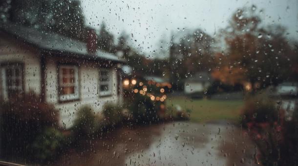 雨粒越しに灯る家と秋の庭・暖かい光・秋色 雨粒越しに灯る家と秋の庭・暖かい光・秋色の写真