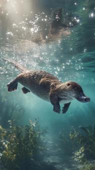 水中を泳ぐカモノハシ 水中を泳ぐカモノハシの写真