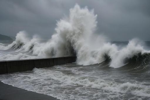 防波堤に砕ける波 防波堤に砕ける波の写真