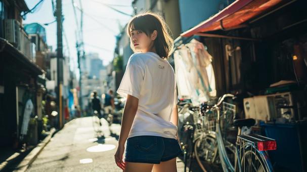 路地に立つTシャツとショートパンツの女性の写真