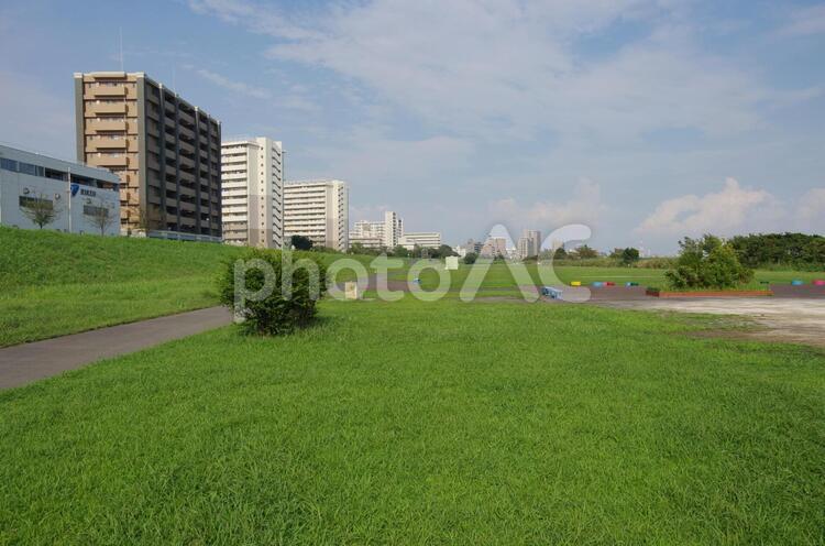 河川敷の風景 河川敷,青空,夏空の写真素材