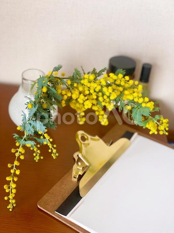 ミモザの飾られたデスク　花瓶とバインダー ミモザ,花瓶,mimosaの写真素材