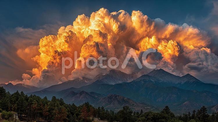 大自然の息吹：金色に染まる雲と静寂の山々 雲,積乱雲,空の写真素材