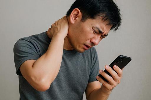 スマホ首の男性 スマホ首の男性の写真