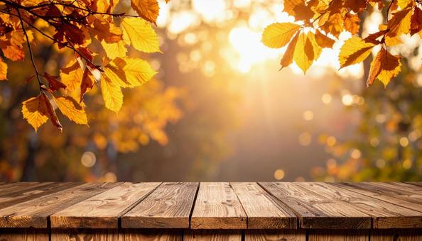 秋の紅葉と木のテーブル素材 秋の紅葉と木のテーブル素材の写真
