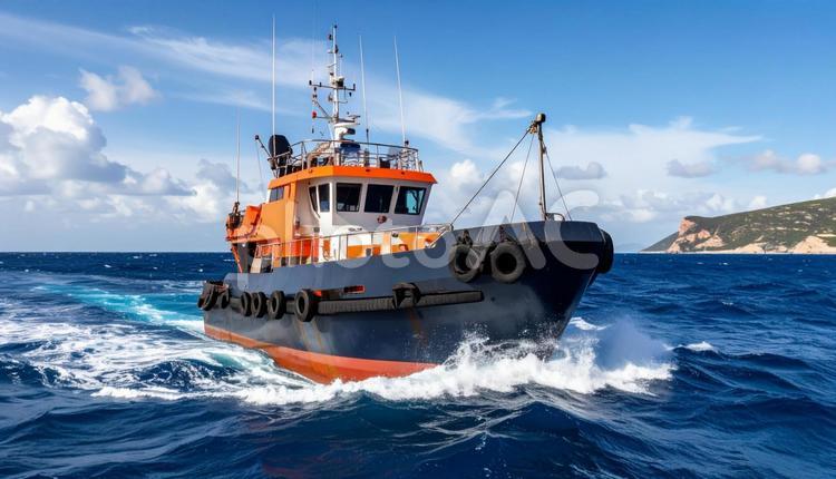 海で作業する作業船　作業台船 海,作業船,作業台船の写真素材