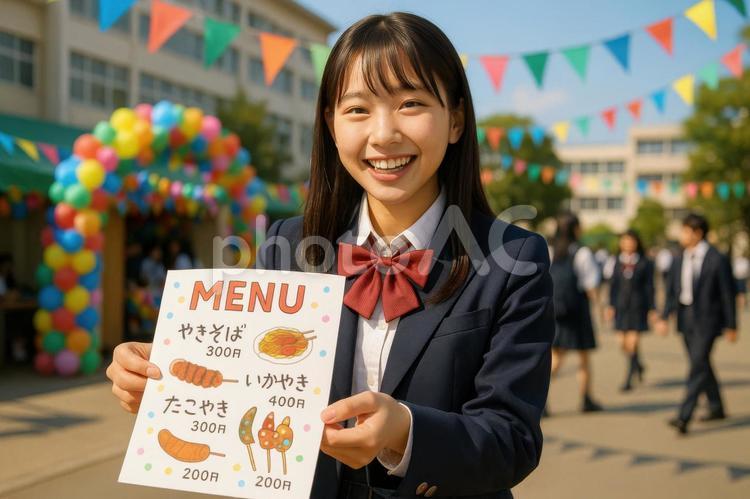 メニューを配る笑顔の女子生徒 メニュー,配布,女子高校生の写真素材
